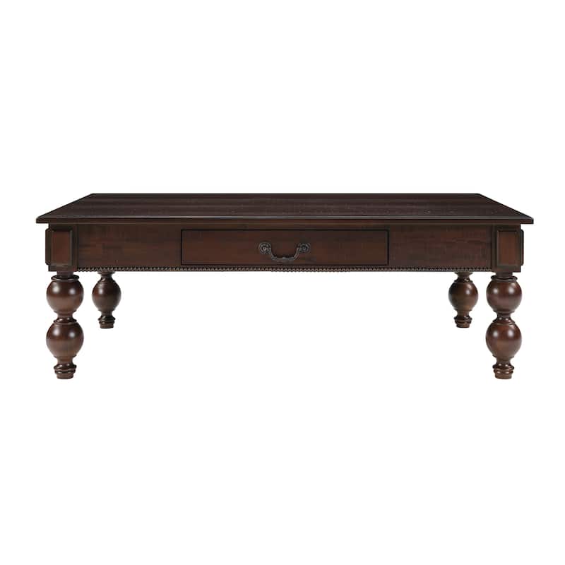 Vintage Cocktail Table Rectangular Wooden Coffee Table with Storage Drawer, Gourd-Shaped Legs and Zinc Alloy Handle
