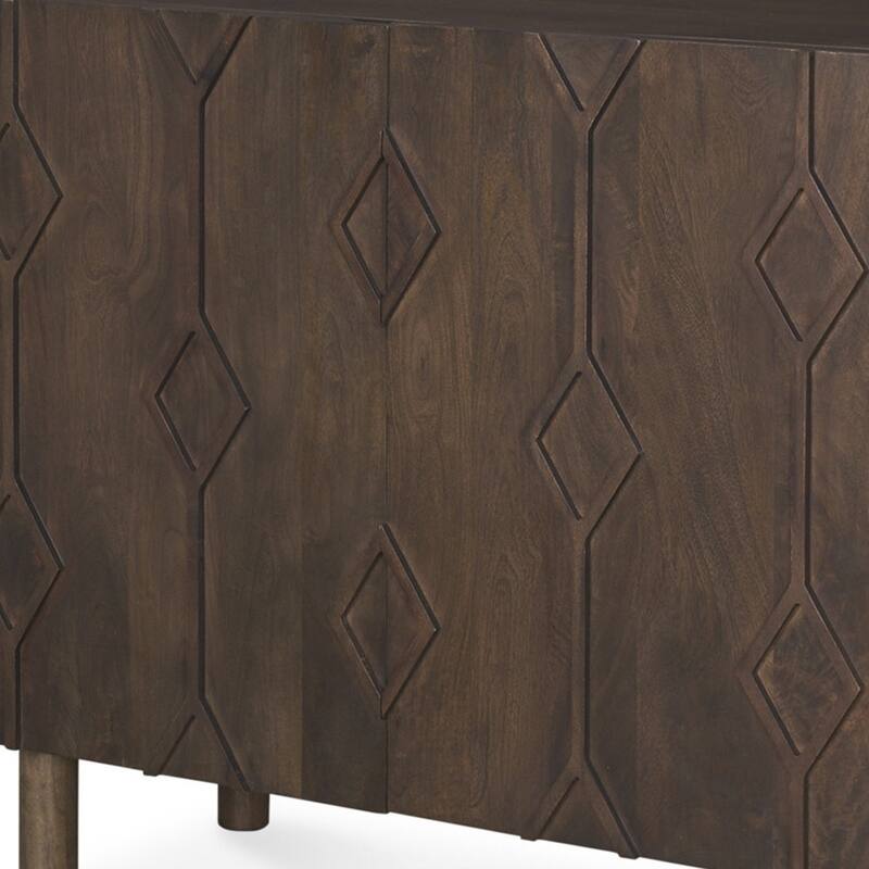 HomeRoots 36" Dark Brown Solid Wood Carved Geometric Accent Cabinet With Two Doors