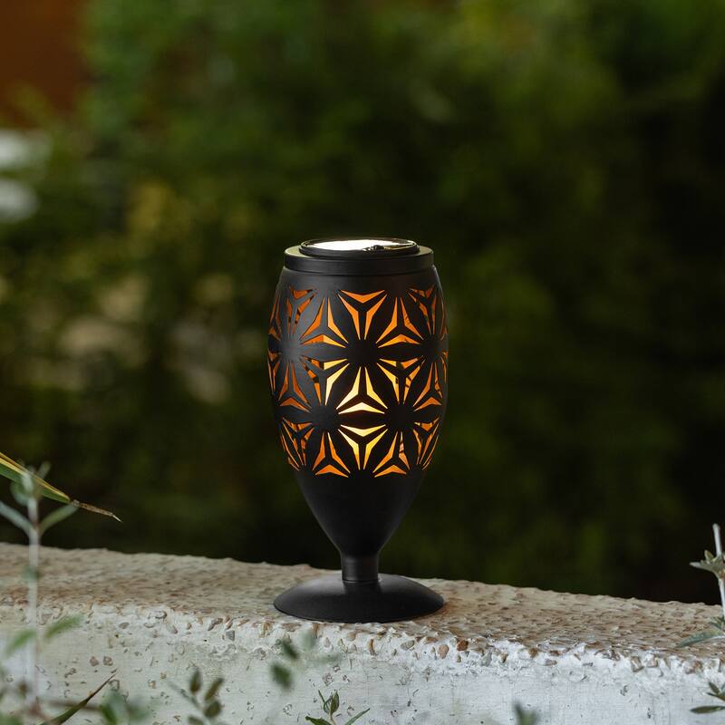 Glitzhome 8.75"H Set of 2 Black Metal Cutout Geometric Pattern Solar Powered Outdoor Lantern with LED Light