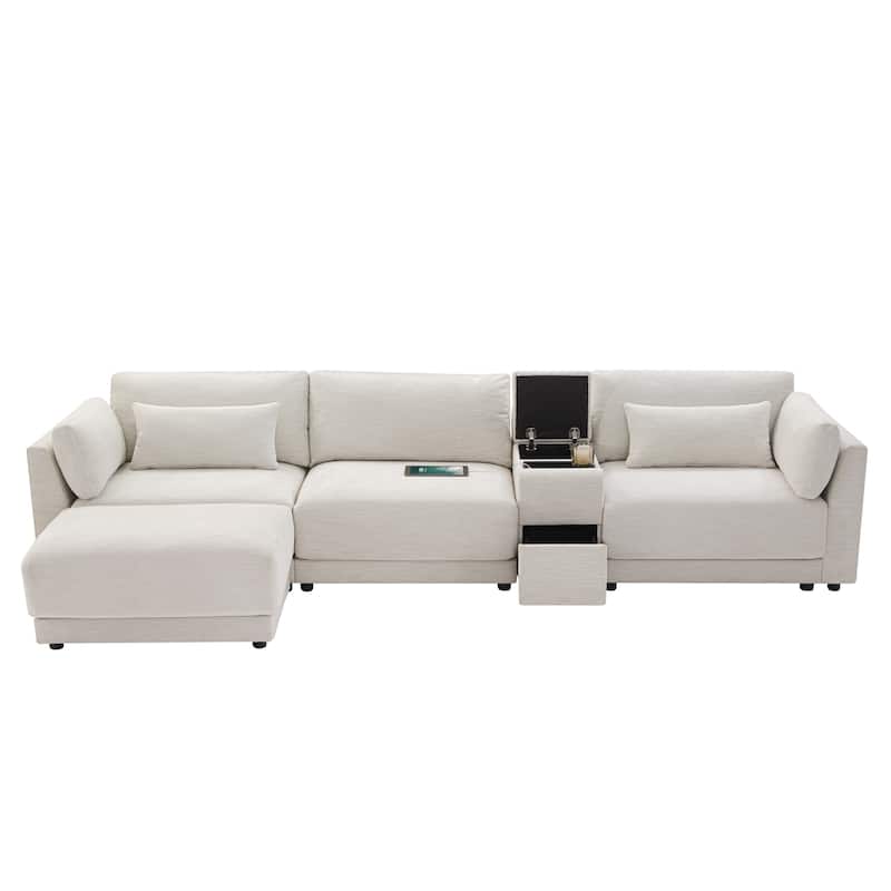 124'' Modular Sectional L-Shaped Chenille Sofa with Storage Console and Movable Ottoman