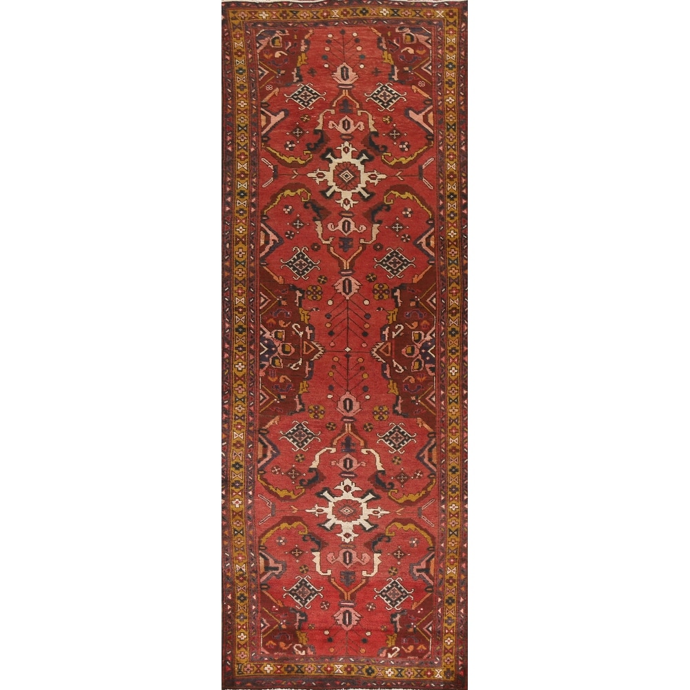 Hand Knotted Oriental 100% Wool Carpet Traditional Geometric Red Heriz Runner Rug - 10' 8'' X 3' 2''