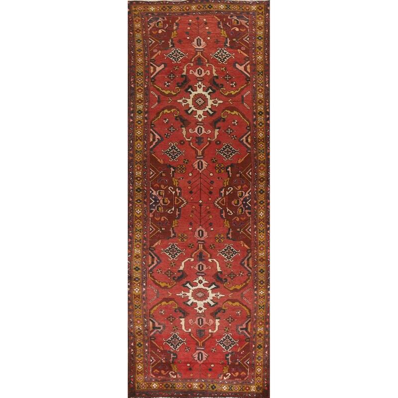 Hand Knotted Oriental 100% Wool Carpet Traditional Geometric Red Heriz Runner Rug - 10' 8'' X 3' 2''