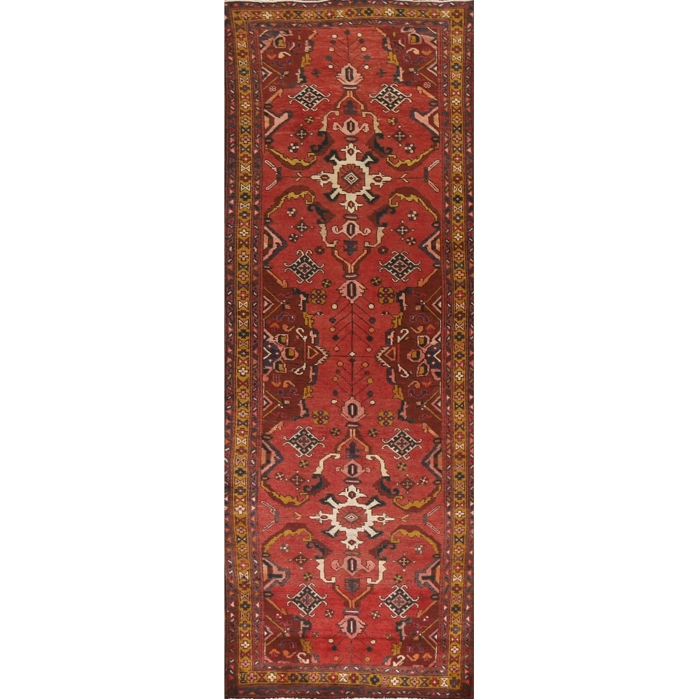 Hand Knotted Oriental 100% Wool Carpet Traditional Geometric Red Heriz Runner Rug - 10' 8'' X 3' 2''