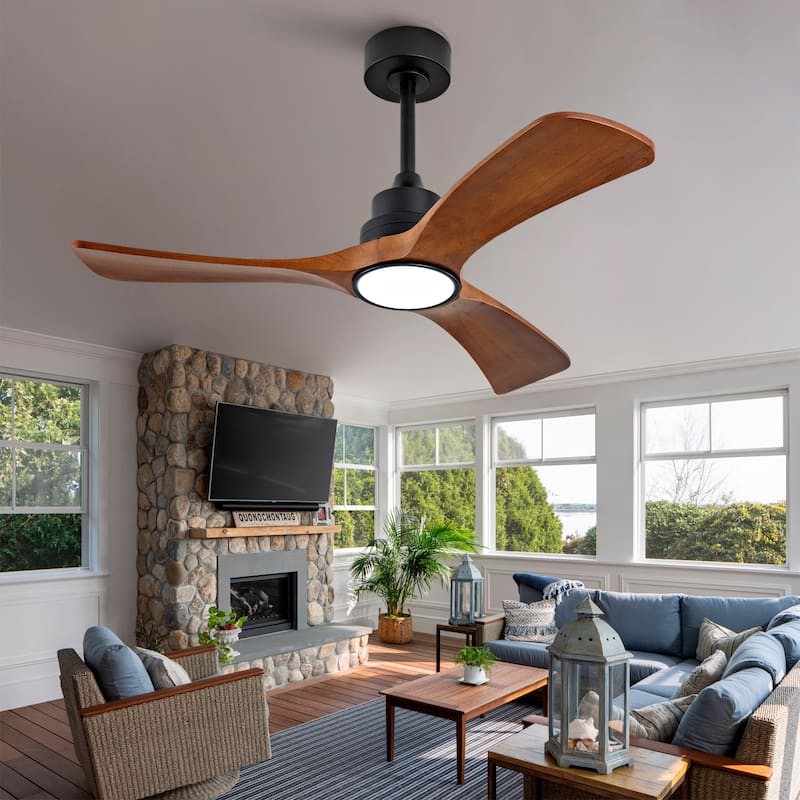 42 Inch Wood Ceiling Fan With 3 Solid Wood Blades Remote Control Reversible DC Motor For Living Room - Black - Black