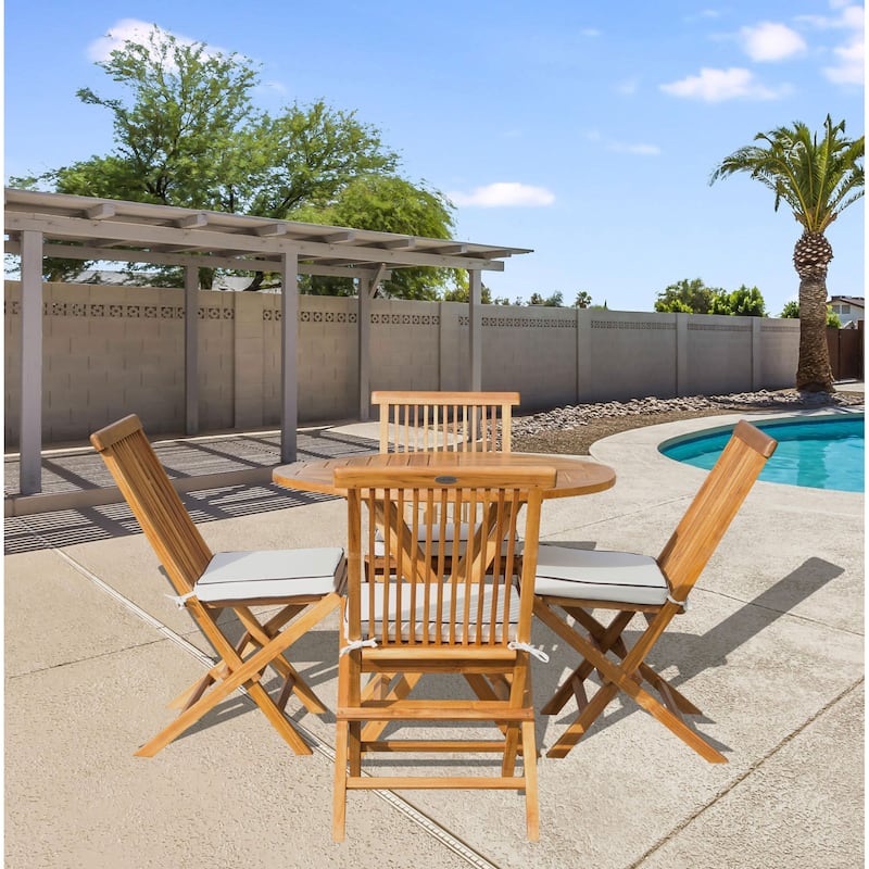 Seven Seas Teak 5 Piece Teak Wood Long Beach 47" Round Folding Table with 4 Folding Side Chairs