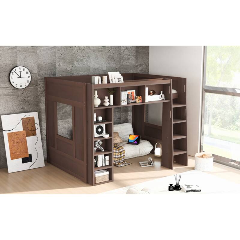 Roomfitters Queen Size Loft Bed with Storage Cabinets and Bookshelves