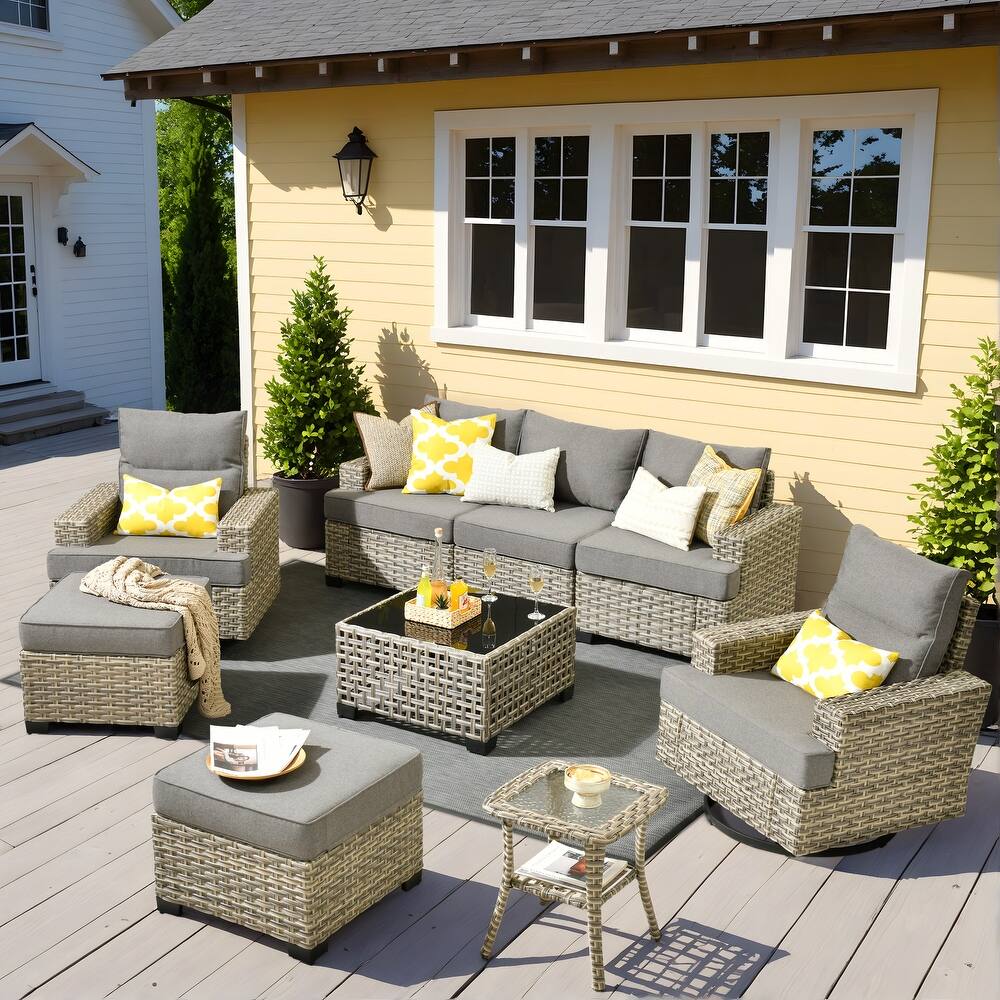 OVIOS 9 Pieces T shaped Seat Wide Armrest Swivel Chair Set With Solar-Powered Coffee Table