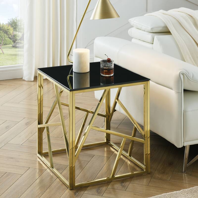 Modern Glass End Table with Geometric Metal Frame - Gold+Black