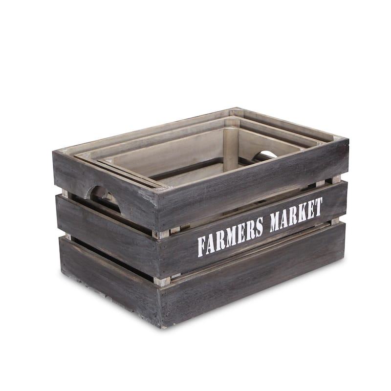 Brown Wood Farmers Market Labeled Crates (Set of 3)