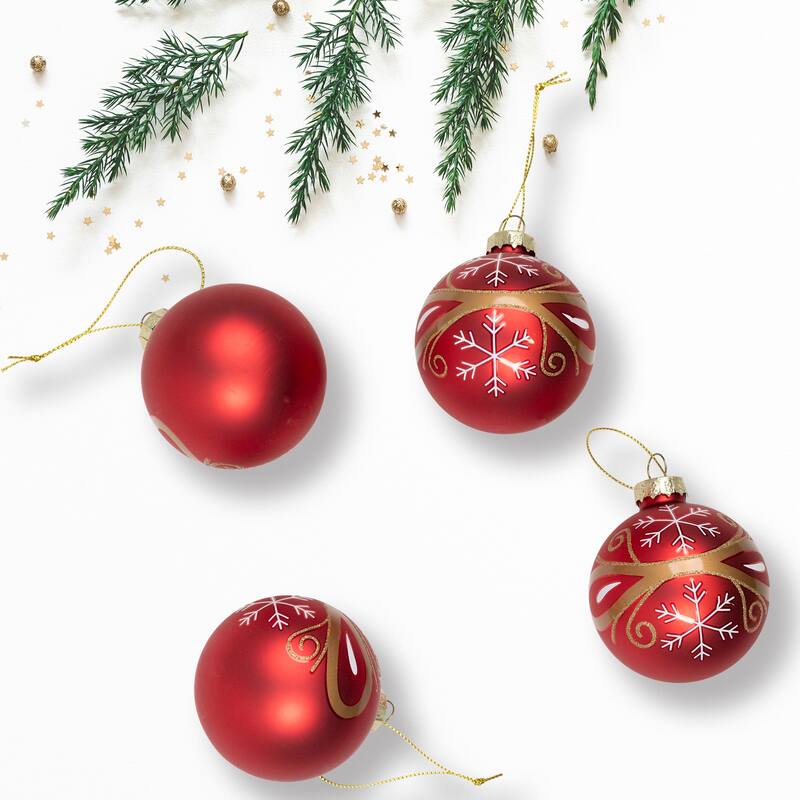 4ct Red Gold Glass Hanging Christmas Ball Ornaments 2.5-Inch (67mm)