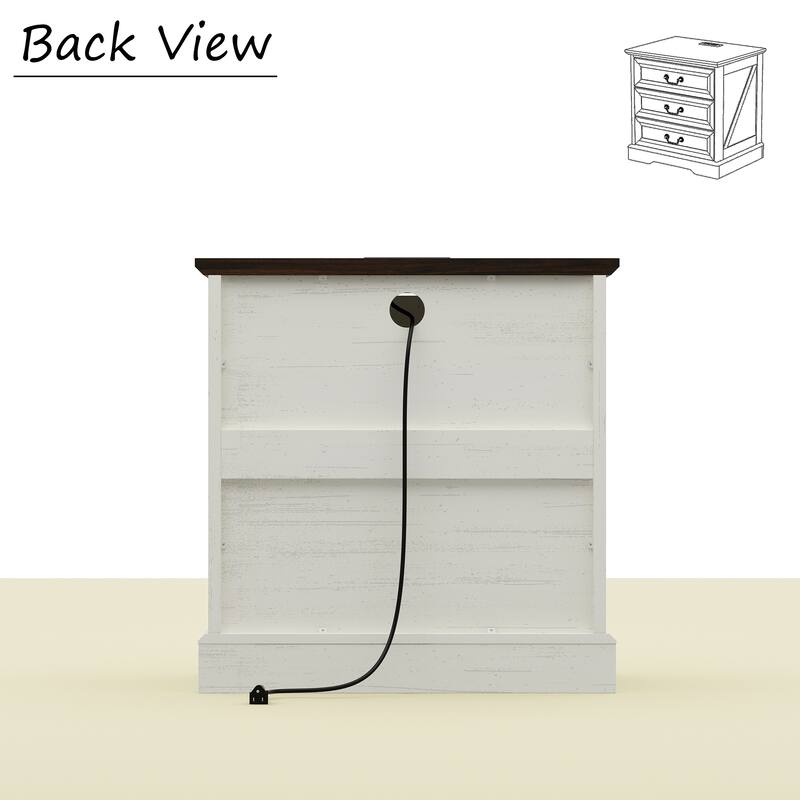 Farmhouse Nightstand with Charging Station, 3 Drawer Bedside Table with 2 AC Outlets & 2 USB Ports, Rustic Wood End Table