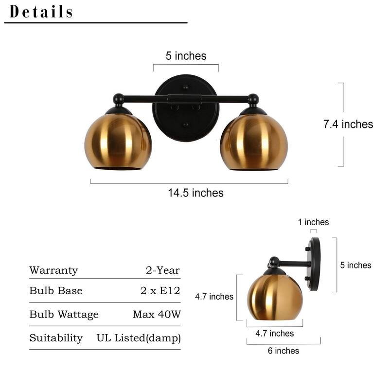 2-Light Modern Black Gold Vanity Light Bathroom Metal Wall Sconce for Powder Room - 14.5'' L x 6'' W x 7.5'' H
