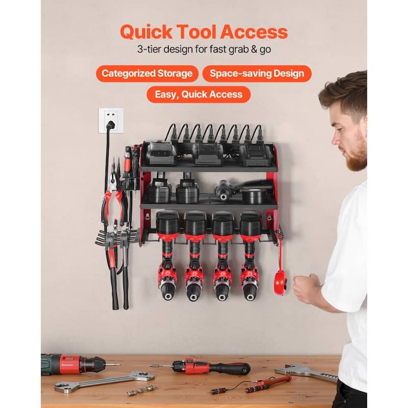 3-Tier Wall Hanging Tool Rack with Built-In 8-Outlet Power Strip and Adjustable Middle Shelf - 23.31 x 8.66 x 12.01 in
