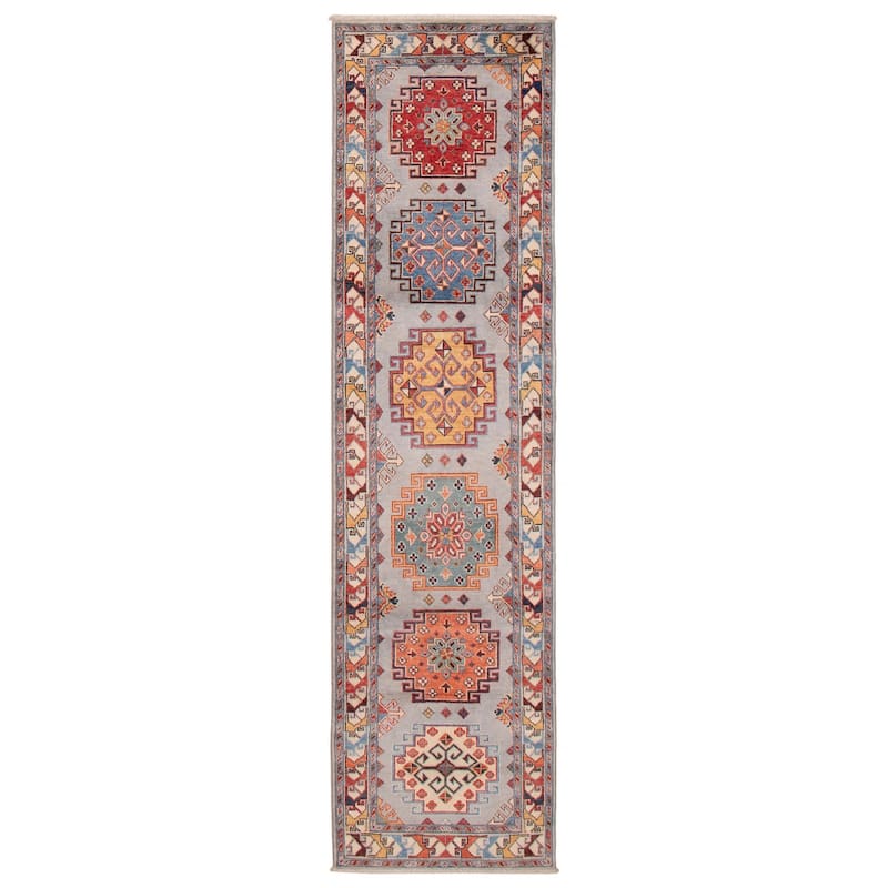 ECARPETGALLERY Hand-knotted Uzbek Ghazni Silver Wool Rug - 2'7 x 9'10 - Silver - 2'7 x 9'10