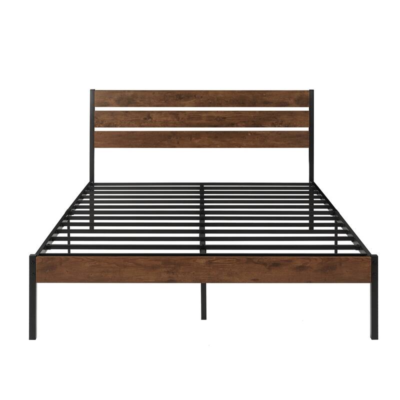 Wood Platform Bed Frame with Headboard and Metal Frame