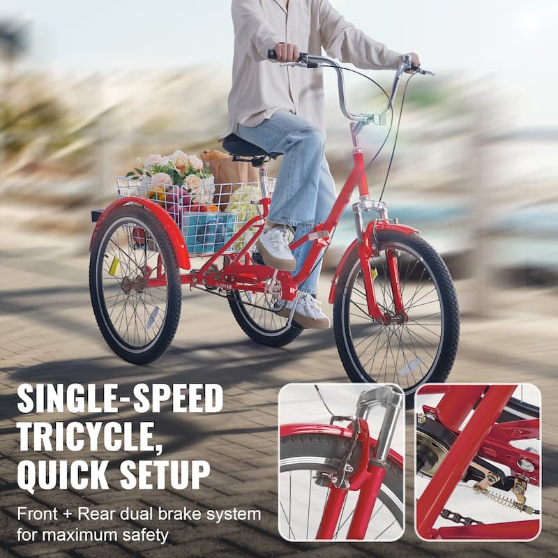 24" Adult Folding Tricycle, Carbon Steel 3-Wheel Bike for Seniors & Women - 68.5 x 29.9 x 44.9 in