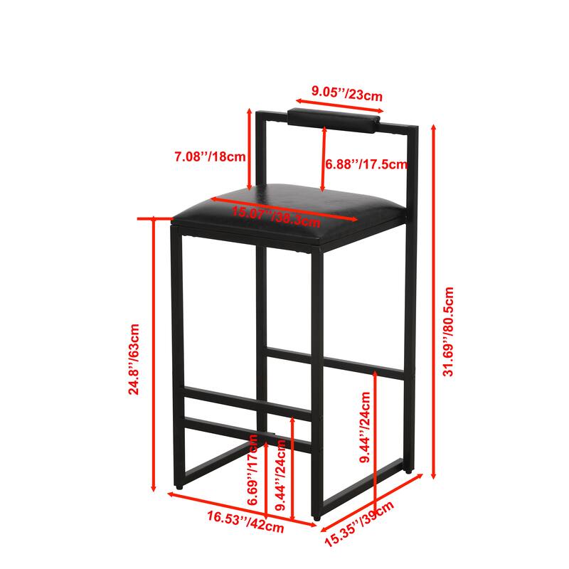 Faux Leather Upholstered Bar Stool Set of 2, Counter Height Bar Stools with Back, Kitchen Stool Island with Footstool