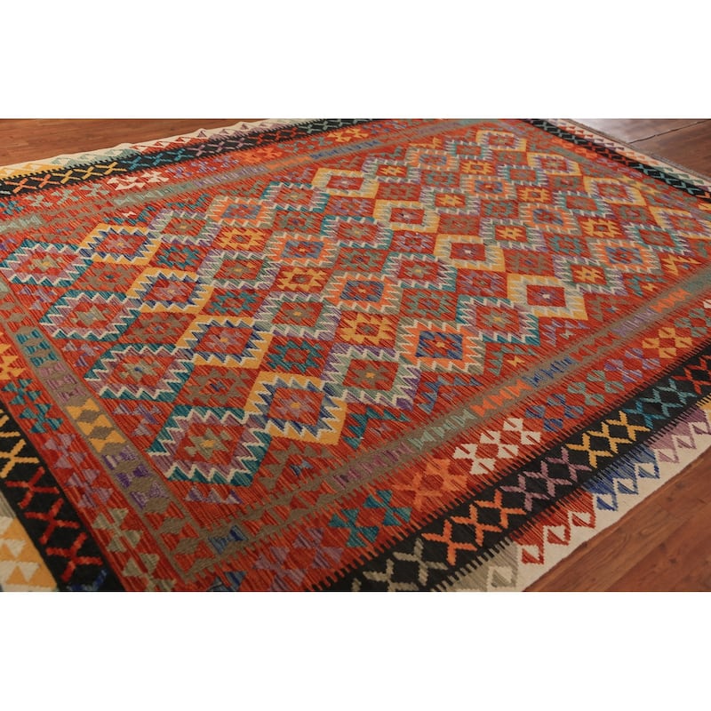 South Western Style Kilim Oriental Rug Hand-Woven Orange Wool Carpet - 8'0"x 11'4"