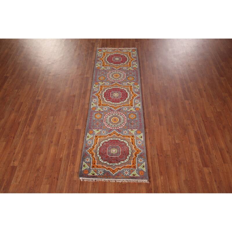 Geometric Kazak Oriental Runner Rug Handmade Wool Carpet - 2'6" X 7'11"