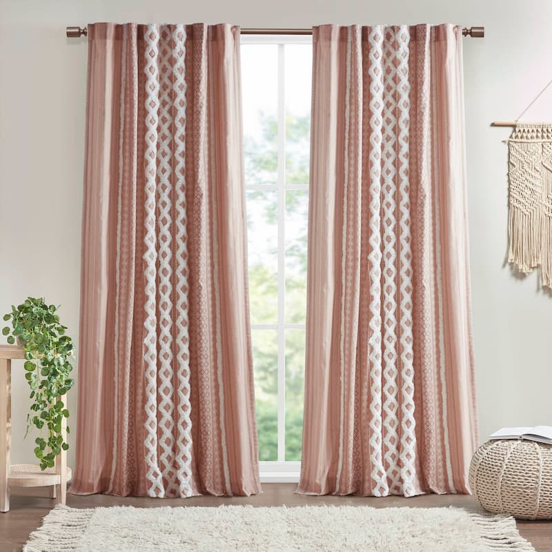 INK+IVY Imani Cotton Printed Single Curtain Panel with Chenille Stripe and Lining - 50x84" - Blush
