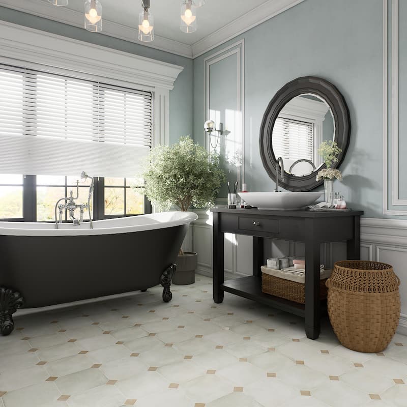 Merola Tile Laverton Octagon Nieve with Taco Beige 7-7/8" x 7-7/8" Porcelain Floor and Wall Tile - Case (50 Tiles)