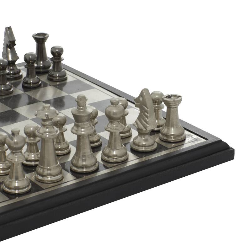 Aluminum Metal Chess Game Set with Black and Silver Pieces - Silver - Roche River Decor