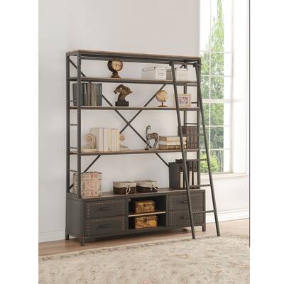 4-Tier Bookshelf, 2 Open Compartment Storage Racks with Rectangular Bookshelf and Rolling Ladder