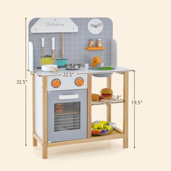 Wooden Toddler Pretend Kitchen Set with Cookware Accessories Ideal for Boys and Girls - 22.5"L x 10"W x 32.5"H