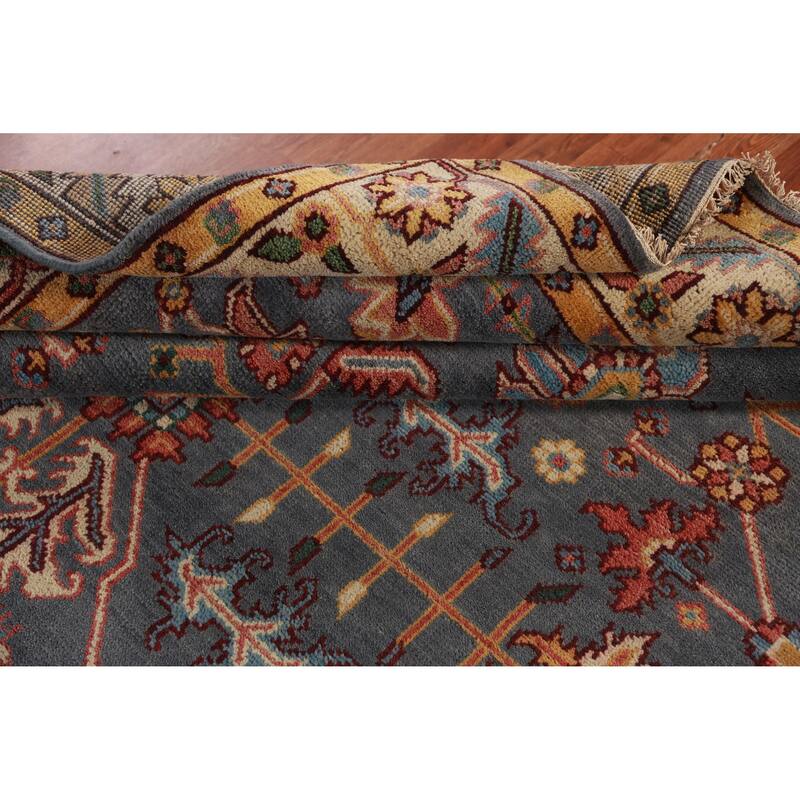 Gray Blue Geometric Oushak Oriental Area Rug Hand-Knotted Wool Carpet - 7'10" x 9'10"