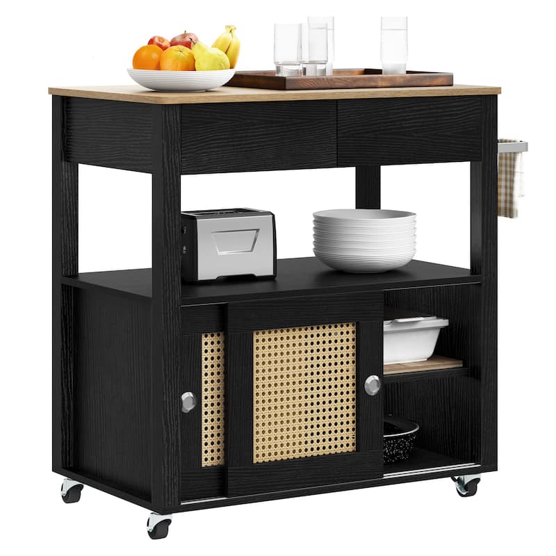 Moasis Rattan Rolling Kitchen Island with Storage Cabinet - 32.2"L x19.5"W x 35"H - Black