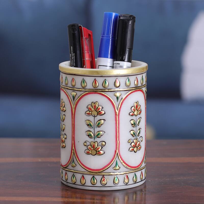 Novica Handmade Palatial Windows Marble Pen Holder