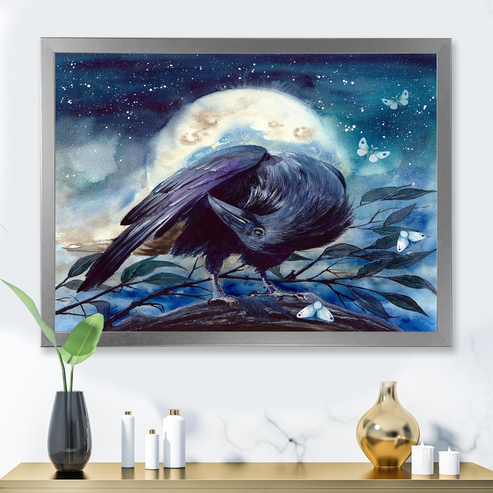 Designart "Raven On The Tree Branch With Shining Moon" Traditional Framed Art Print