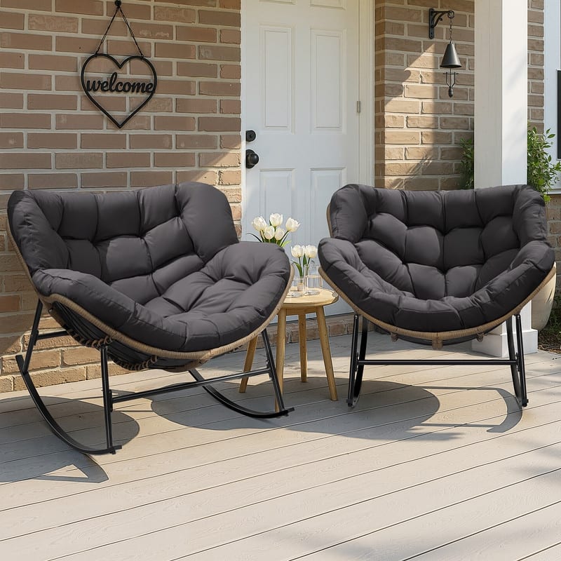 Outdoor Rocking Papasan Chair, Wide Egg Rocking Chair with Thick Padded Cushion, 450 lb Capacity Patio Relaxing Rocker - 2PCS-Gray