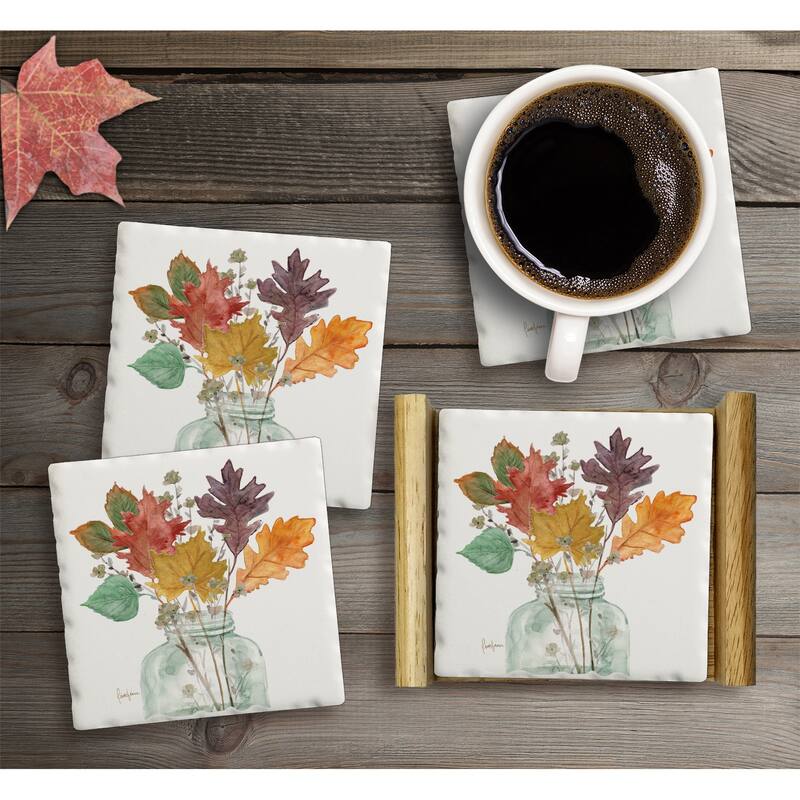 Square Absorbent Coasters - Set of 4 With Holder - Harvest Leaves - 4.001x4.001x2.081