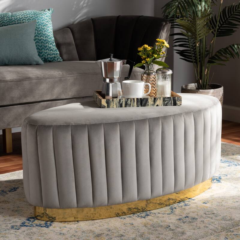 Kirana Glam and Luxe Velvet Fabric and Gold PU Leather Ottoman
