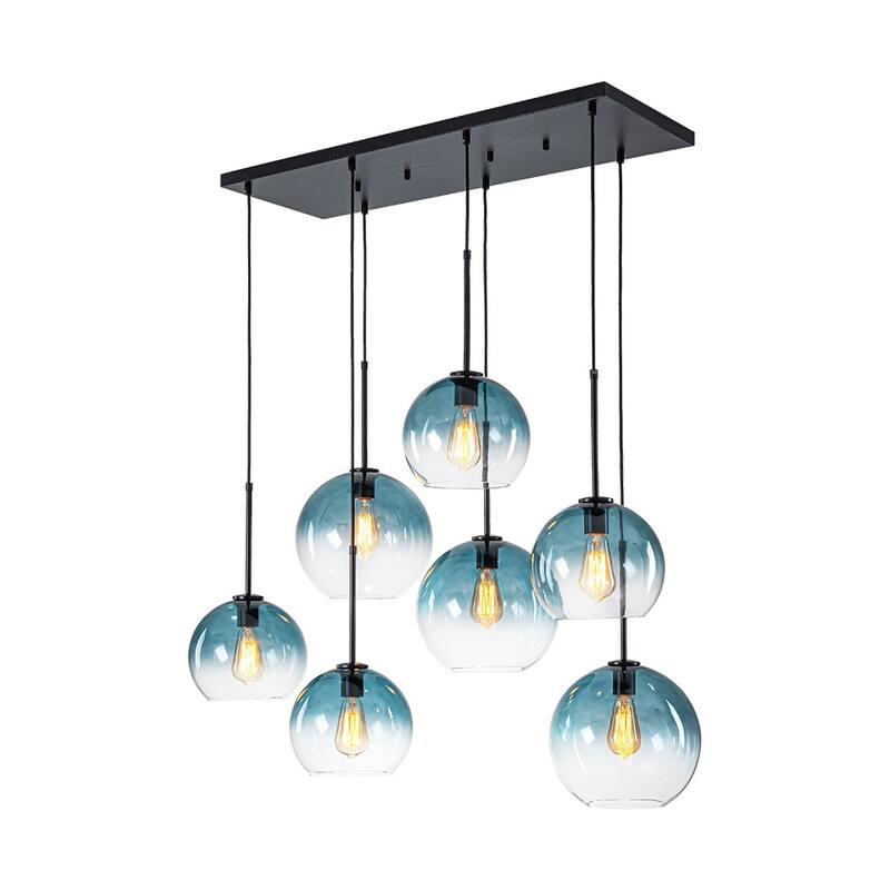 Glam 7-Light Tinted Gradual Blue Glass Globe Kitchen Island Chandelier