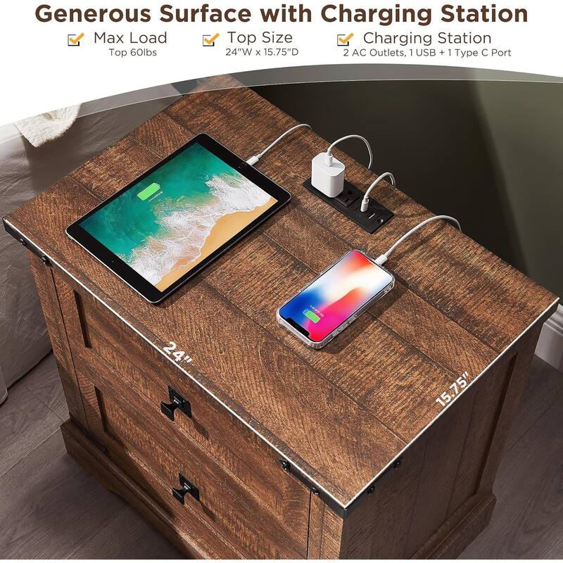 Farmhouse 2 Drawers Nightstand with Charging Station, Large End Table