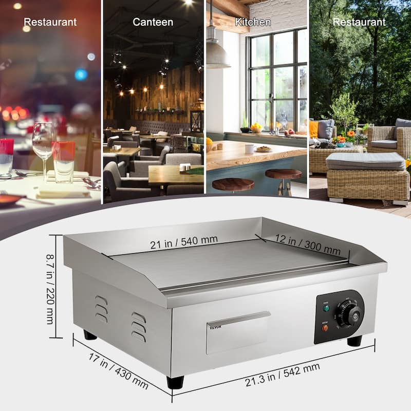 VEVOR Commercial Electric Griddle, 21", 1600W Countertop Flat Top Grill - 21", 1600W