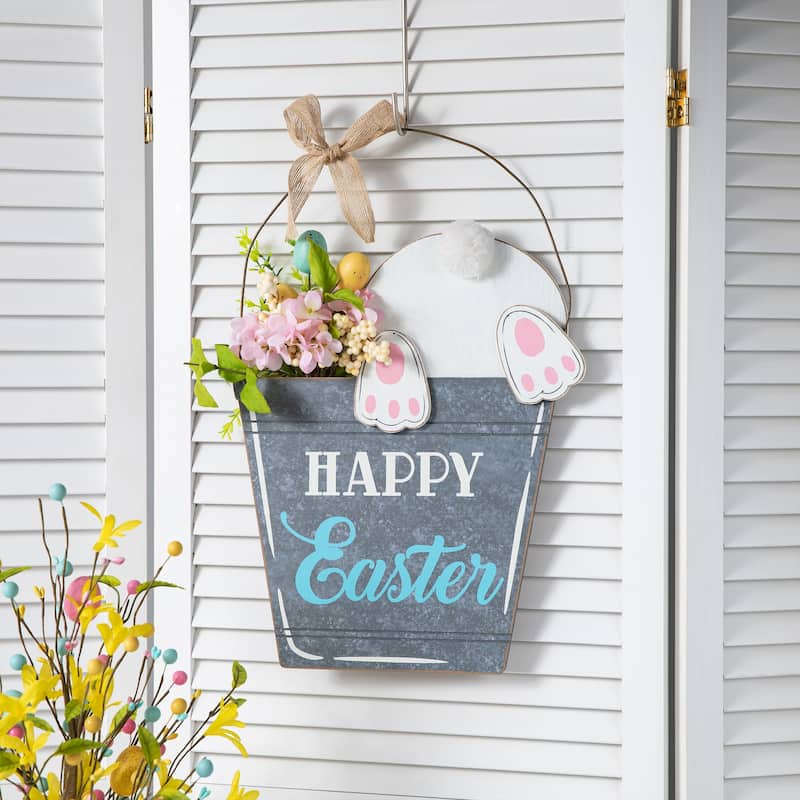 Glitzhome Easter Wooden Cute Bunny Eggs/Fence Door Hanger Wall Decor Spring Gift