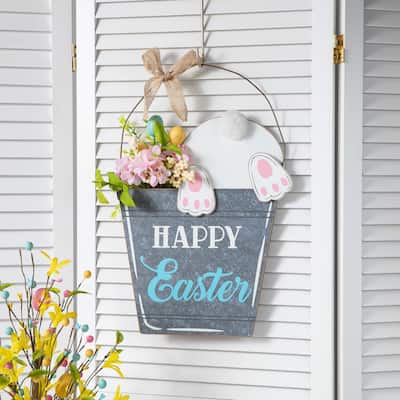 Glitzhome Easter Wooden Cute Bunny Eggs/Fence Door Hanger Wall Decor Spring Gift
