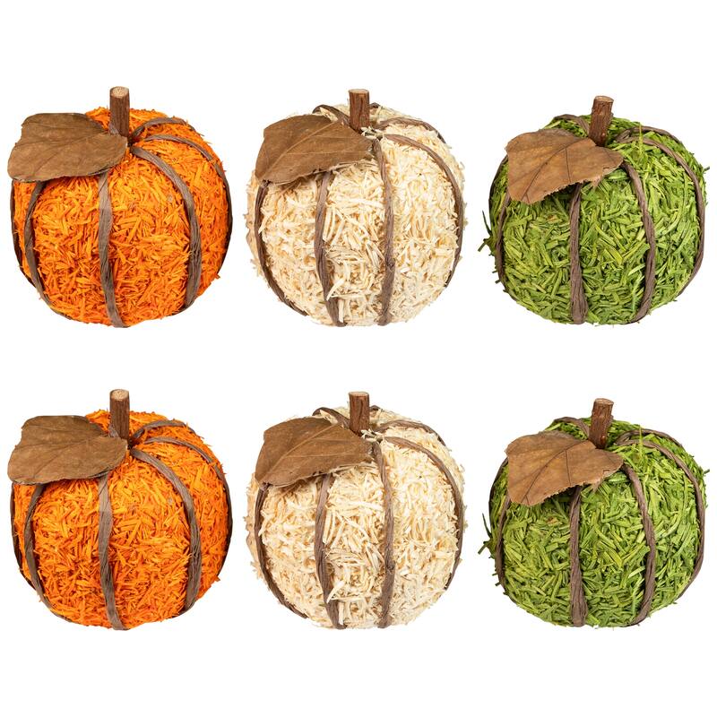Textured Shredded Wood Pumpkin Fall Harvest Decorations- 3.5" - Orange and Green - Set of 6