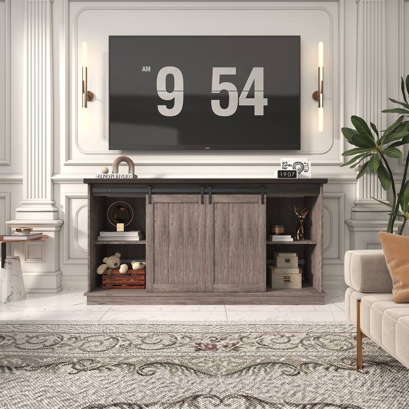 63" Farmhouse Fireplace TV Stand with Sliding Barn Door, Accommodates TVs Up to 65", Featuring Storage and Adjustable Shelves