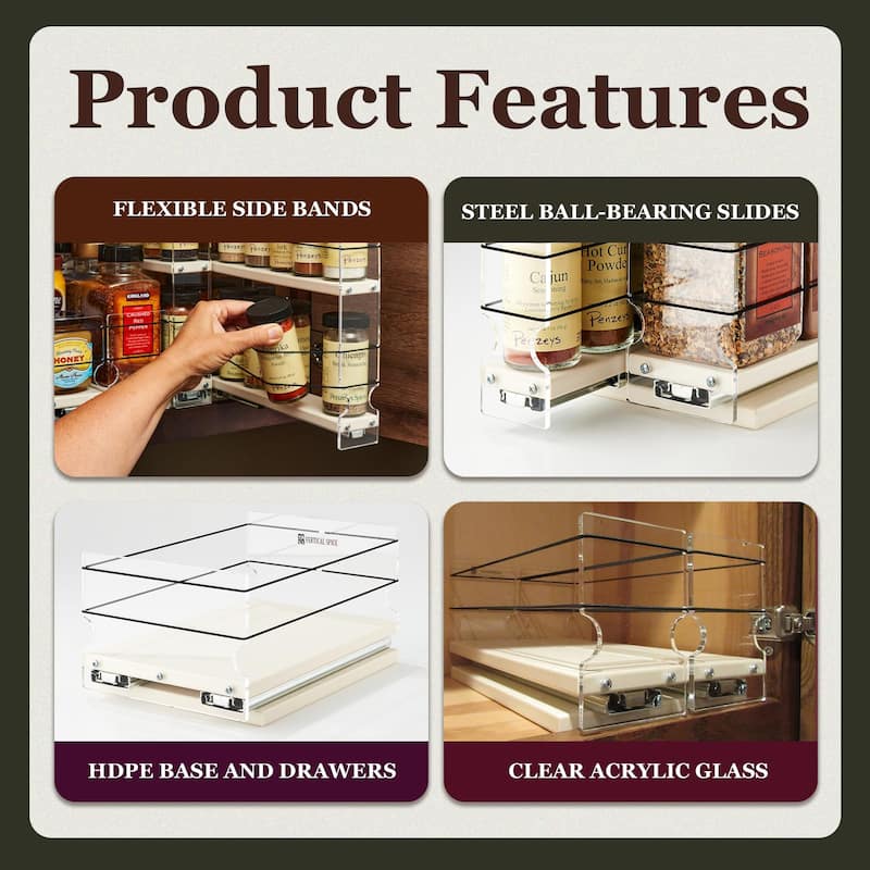 Storage Rack Drawer Pull Out Sliding Spice Organizer 2 Tier