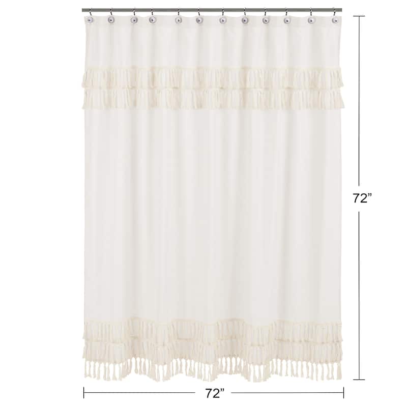 Sweet Jojo Designs Ivory Bohemian Boho Chic Bathroom Fabric Bath Shower Curtain Farmhouse Minimalist Knotted Macrame Tuft Fringe