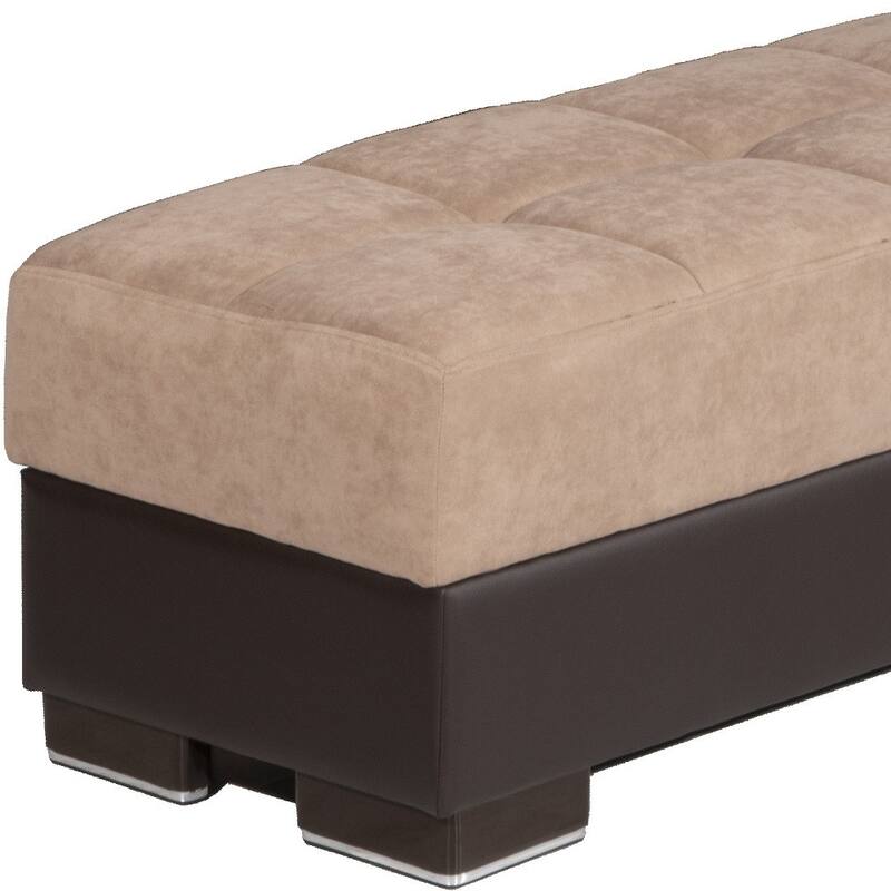 HomeRoots 52" Tan and Brown Chenille And Faux Leather Storage Ottoman