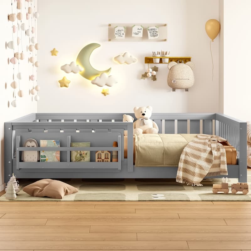 Low Profile Montessori Bed Floor Platform Bed with Fence and Bookshelf
