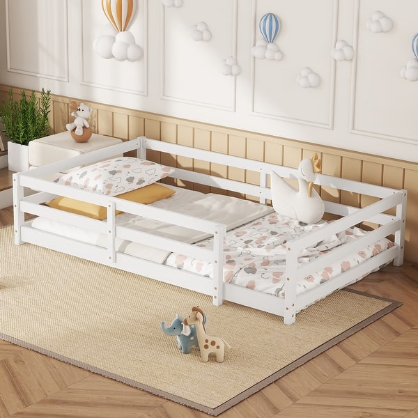 slide 2 of 37, Twin Size Floor Bed, Montessori Floor Bed with Fence, Kids Montessori Bed Twin Size, Wood Montessori Floor Bed for Kids White