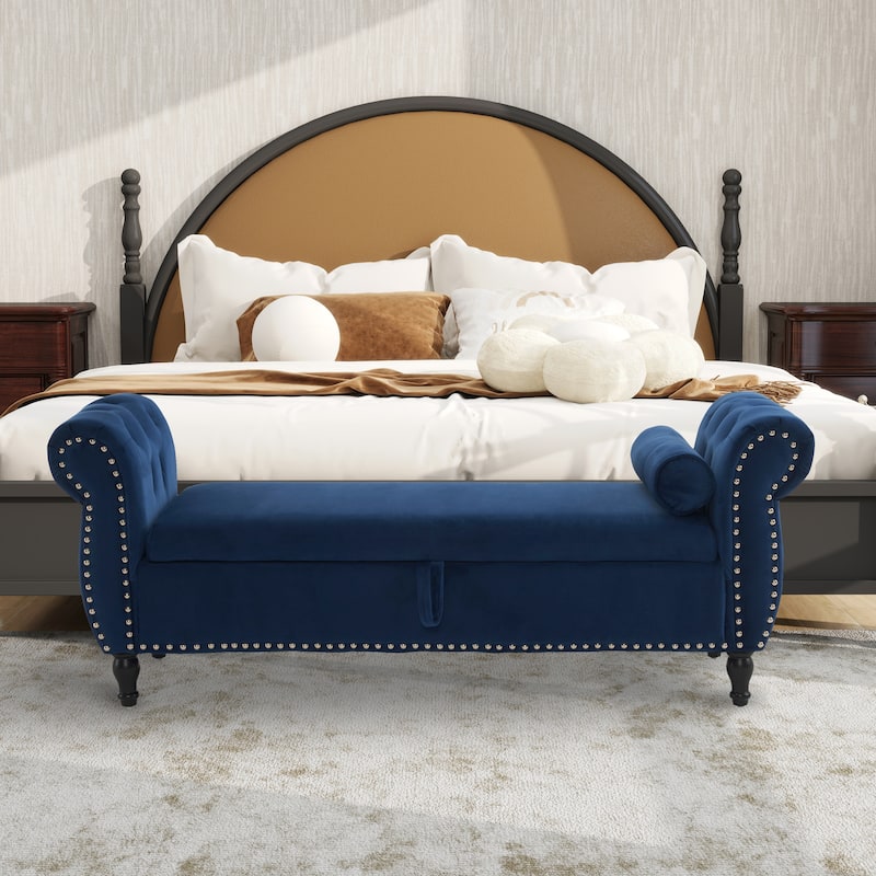 Velvet Storage Rectangular Bench With 1 Pillow,Ottoman For Living Rooms And Entryway