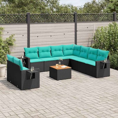 vidaXL 10 Piece Patio Sofa Set with Cushions Black Poly Rattan - 24.4" x 24.4" x 27.2"