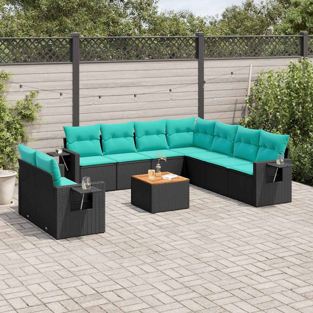 vidaXL 10 Piece Patio Sofa Set with Cushions Black Poly Rattan - 24.4" x 24.4" x 27.2"
